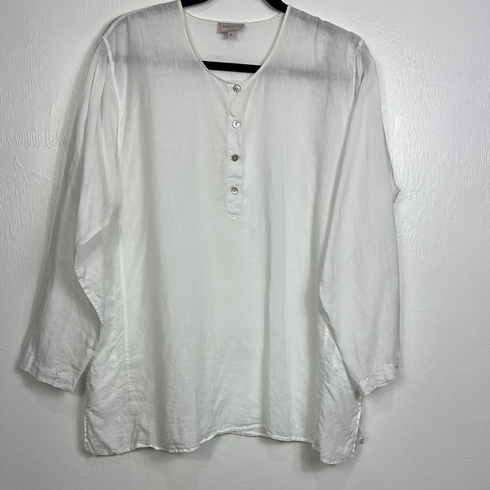 Hanna G White Linen Long Sleeve Button Front Blouse Top Size M